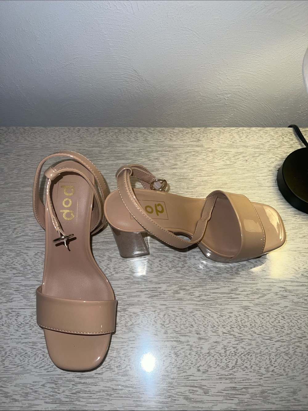 Nude Patent Block Heel Sandals